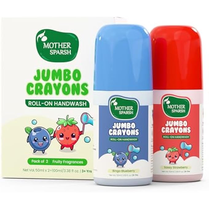 Mother Sparsh JUMBO CRAYON ROLL-ON KIDS HANDWASH (PACK OF 2) | STRAWBERRY & BLUEBERRY SCENTED | NON-TOXIC HAND WASH FOR KIDS & BABIES, PARABEN FREE, SLS FREE, ALCOHOL FREE | COLOURFUL SOAP PEN - Image 1